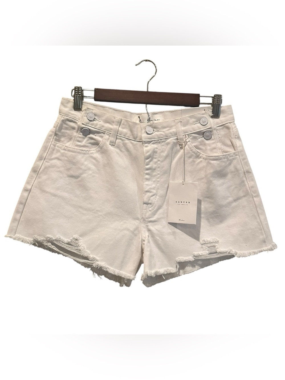 KanCan Women’s White Distressed Stretch Cotton High Rise Denim Shorts Size 5/26